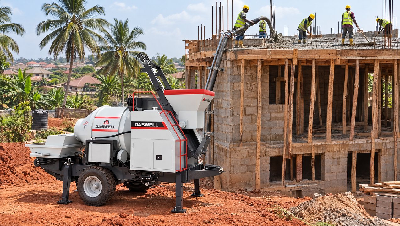 Concrete mixer pump on a building site in Kumasi