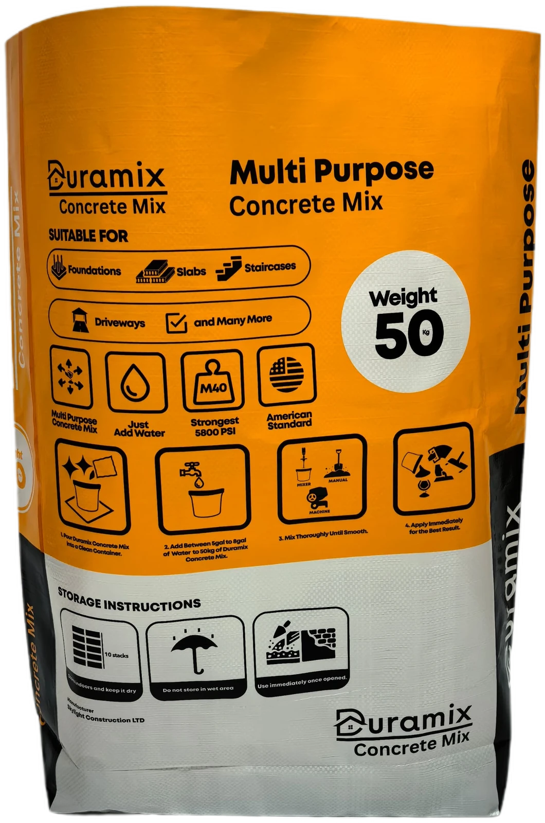 Back of the Duramix bag with mixing and storage instructions